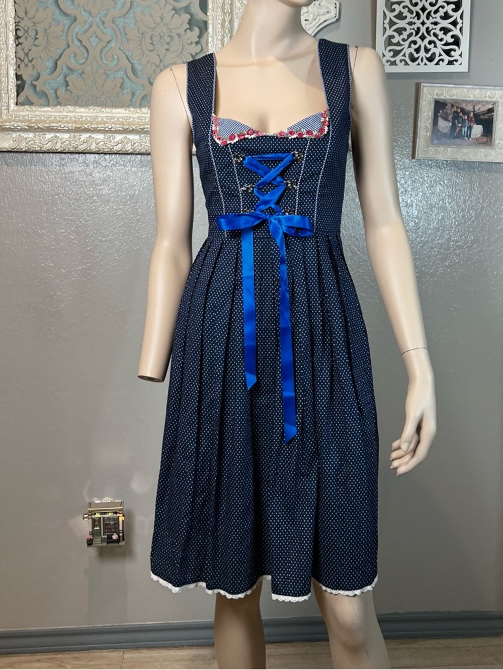 Navy Polka Dot Bavarian-Style Dress with Blue Ribbon - Picture 4 of 10